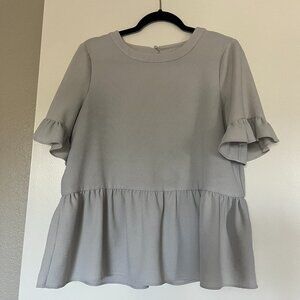 Kate Spade Blouse Gray Peplum Short Sleeve Ruffle Babydoll Size Large